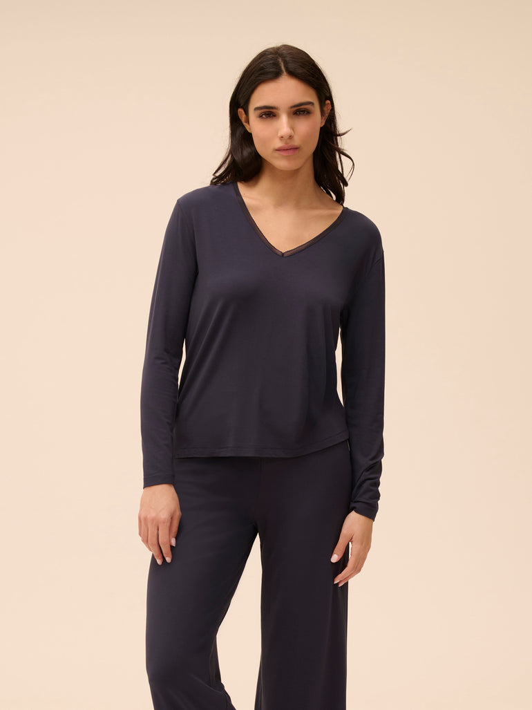 Top manches longues décolleté brodé - Pleine Lune