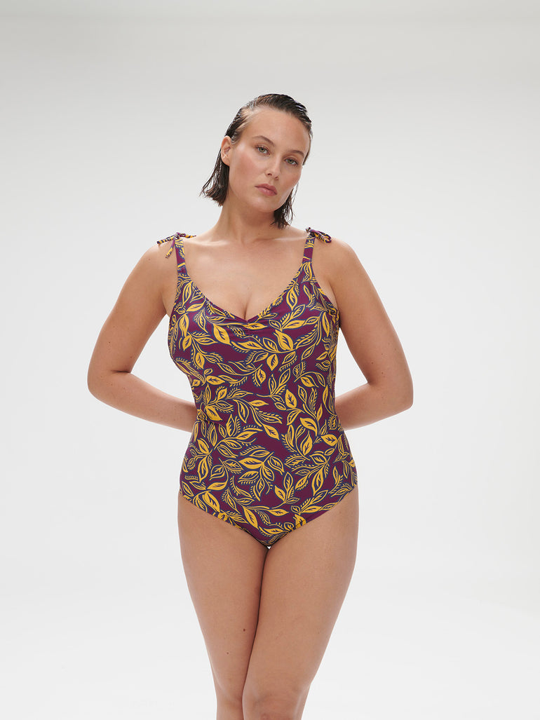 Maillot de bain 1 pièce bonnet mousse sans armature - Imprimé Violet Agadir